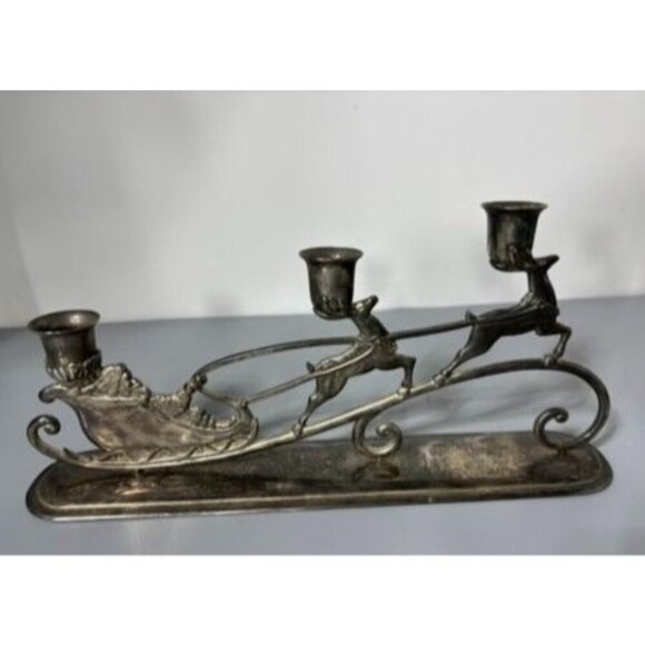 Vtg Silver Plated Santa Sleigh With Reindeer 3 Candle Holder Christmas Decor - Picture 1 of 8